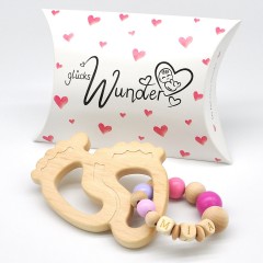 glucksWunder Holz Greifling Beissring Babyfusschen Buche personalisiert mit Name in Geschenkverpackung Деревянное кольцо для прорезывания зубов детские ножки бук персонализированное с именем в подарочной коробке