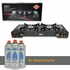 ZMC ZMC Gaskocher Doppel Kartuschenkocher Gaskocher 2 Flammig + 8x Gaskartuschen 227g, (mit automatische Piezo-Zundung Warmeleistung: 2,3KW), Outdoor Gas Campingkocher 2Fach Gasherd Ofen Butan Kochfeld Gas Kocher  Газовая плита ZMC с двумя картриджами, га