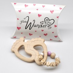 glucksWunder Holz Greifling Beissring Babyfusschen Buche personalisiert mit Name in Geschenkverpackung Деревянное кольцо для прорезывания зубов детские ножки бук персонализированное с именем в подарочной коробке