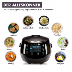 Reishunger Reishunger Reiskocher Digitaler Reiskocher  Dampfgarer, 860 W, Timer- und Warmhaltefunktion, 7-Kochphasen-Technologie, LED-Display Grau mit Kochbuch Рисоварка Reishunger цифровая рисоварка-пароварка, 860 Вт, таймер и функция поддержания тепла, 