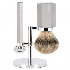 Muhle HEXAGON 3-tlg. Rasierset, Silberspitz Dachszupf, Aluminium silber ШЕСТИГРАННИК 3 шт. Набор для бритья, барсучок с серебристым наконечником, алюминий серебристый