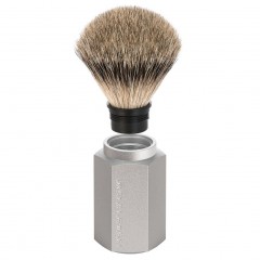 Muhle HEXAGON 3-tlg. Rasierset, Silberspitz Dachszupf, Aluminium silber ШЕСТИГРАННИК 3 шт. Набор для бритья, барсучок с серебристым наконечником, алюминий серебристый
