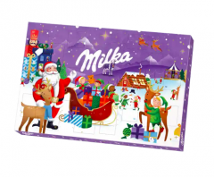 Milka Adventskalender 200g x 4 stk 2025 Адвент-календарь, 24 сладких сюрприза, 38см х 25см, 200 грамм х 4 упаковки