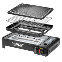 Mianova Mianova Gaskocher Campingkocher Tischgrill + Grillplatte + 4 Spiesse, Gaskocher im Koffer fur Gaskartuschen Gasflaschen- Outdoor BBQ Barbecue Grill Gas Camping Kocher Herd Grillrost Schwarz Газовая плита Mianova Кемпинговая плита Настольный гриль