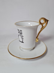 Volkstedt Thuringer Кофейная чашка с блюдцем "Фридрих Великий", белый фарфор с чёрным рисунком ручной работы, 10,5см x 10см, Германия, 1960-70гг.