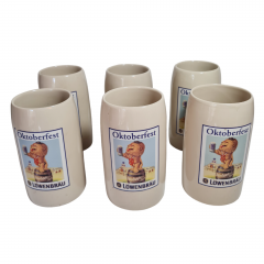 Немецкая пивная кружка винтажная Lowenbrau / Oktoberfest с изображением льва, керамика, 6 шт., 0.5 л, 15 см, Германия, 1970-80гг.