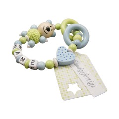 kleinerStorch Greifling mit Name – Jungen Beissring personalisiert – Holz Rassel Bar  Herz blau Персонализированное кольцо для прорезывания зубов с именем