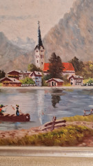 Картина винтажная A.Dihlmann "Городок на озере", в деревянной раме, 49,5 x 40 см, Германия, 1960-1970гг.