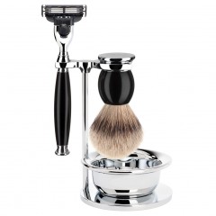 Muhle SOPHIST 4-tlg. Rasierset, Silberspitz Dachszupf, mit Gillette Mach3, Griffmaterial Edelharz schwar СОФИСТ 4 шт. Набор для бритья, барсук с серебристым наконечником, с Gillette Mach3, материал ручки черная высококачественная смола