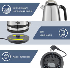 Lebenlang Lebenlang Wasserkocher Edelstahl mit Digitalanzeige, Temperatur frei wahlbar Digital, Automatik, 1.7 l, 2200,00 W, Touch + Stufenlose Temperatureinstellung fur TEE Babynahrung uvw.  Чайник на всю жизнь из нержавеющей стали с цифровым дисплеем, с