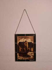 Картина винтажная Helga Hanzmann "Старая ратуша Висбадена 1610г. Винный погреб", витражная рама, на стекле, 29 x 22 см, Германия, 1984г.