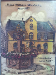 Картина винтажная Helga Hanzmann "Старая ратуша Висбадена 1610г. Винный погреб", витражная рама, на стекле, 29 x 22 см, Германия, 1984г.