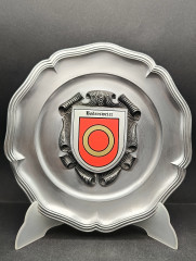 Тарелка декоративная винтажная "Герб Бодерсмайер" / Серия "Геральдика", яркий декор, олово (95%), 23 см, Германия, 1970-80гг.