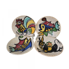 Набор декоративных тарелок винтажных Toledo, керамика с красочным рисунком: рыба, петух, осел, рыба, 4 шт х 20,5 x 4,5 см, Испания, 1960-70гг.