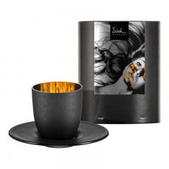 Eisch Eisch cosmo schwarz gold Espressoobertasse mit Untertasse Glas d: 11,5 cm / h: 6,5 cm / 100 ml Чашка для эспрессо Eisch космо из черного золота со стаканом-блюдцем д: 11,5 см / высота: 6,5 см / 100 мл